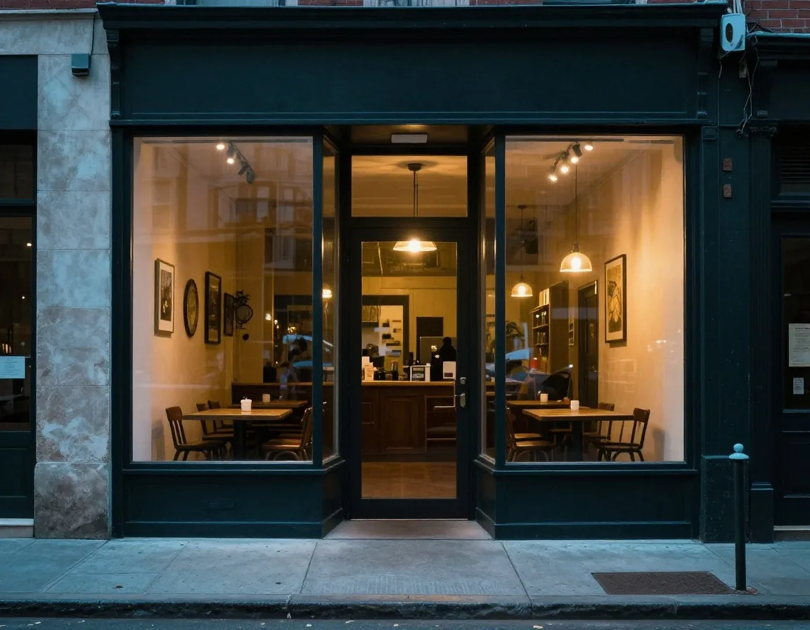 Independent storefront on a city street at dusk