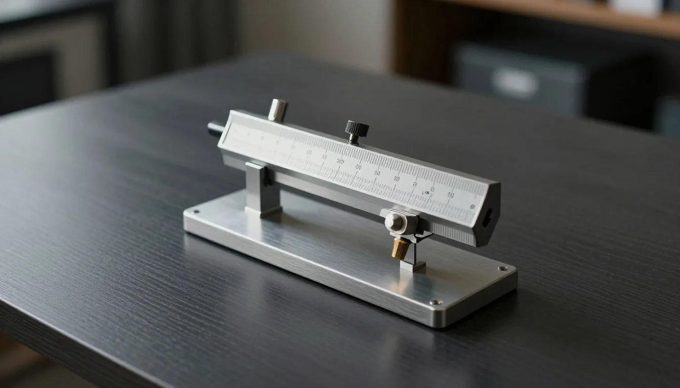 Brushed metal measurement gauge on a dark desk